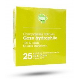 Compresses stériles gaze hydrophile 10 cm x 10 cm - Marque verte