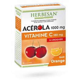 Herbesan Acérola 1000 mg Vitamine C 180 mg goût orange - 30 comprimés à croquer